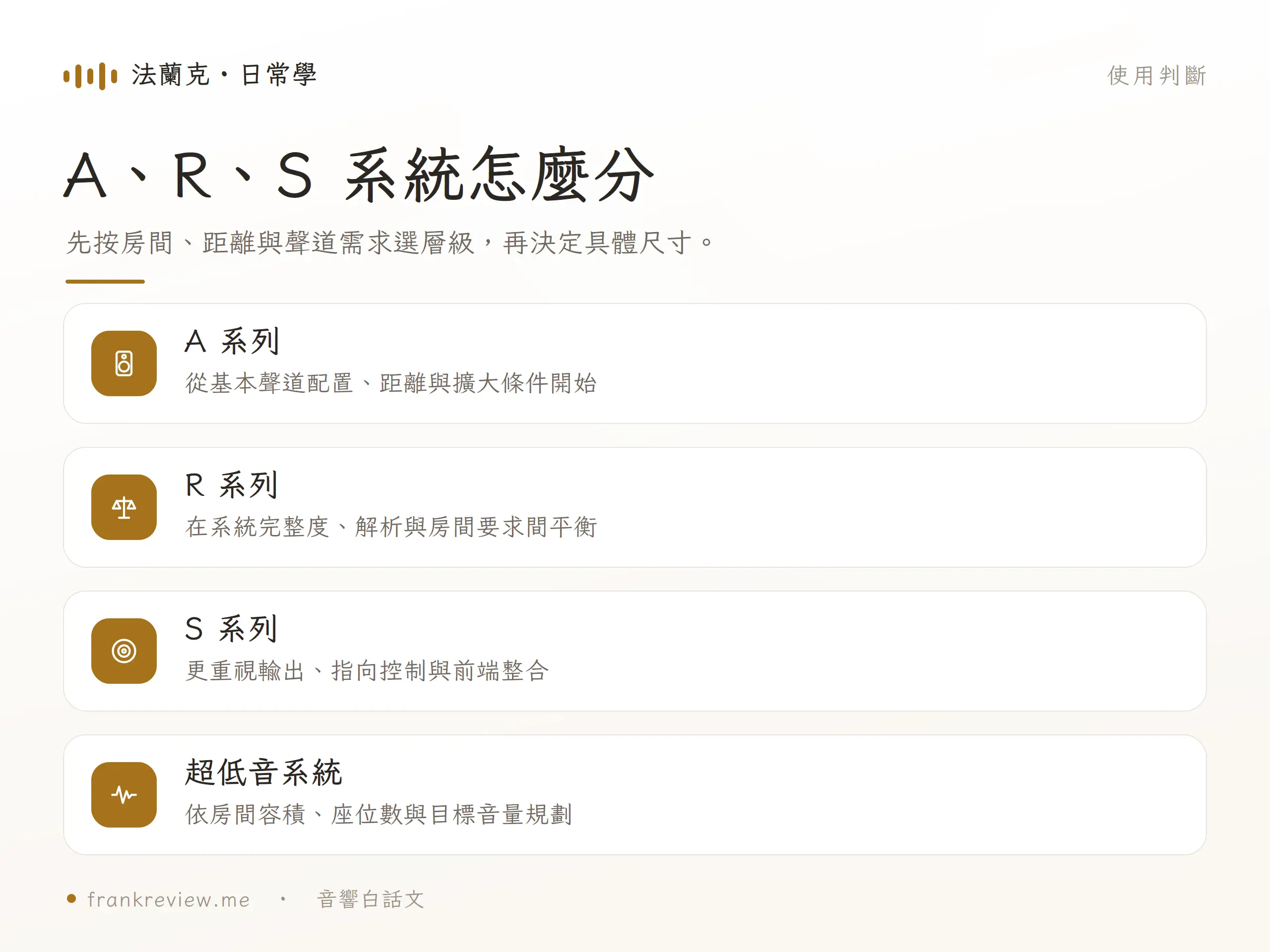 Perlisten A、R、S 系列與超低音系統的定位及使用條件