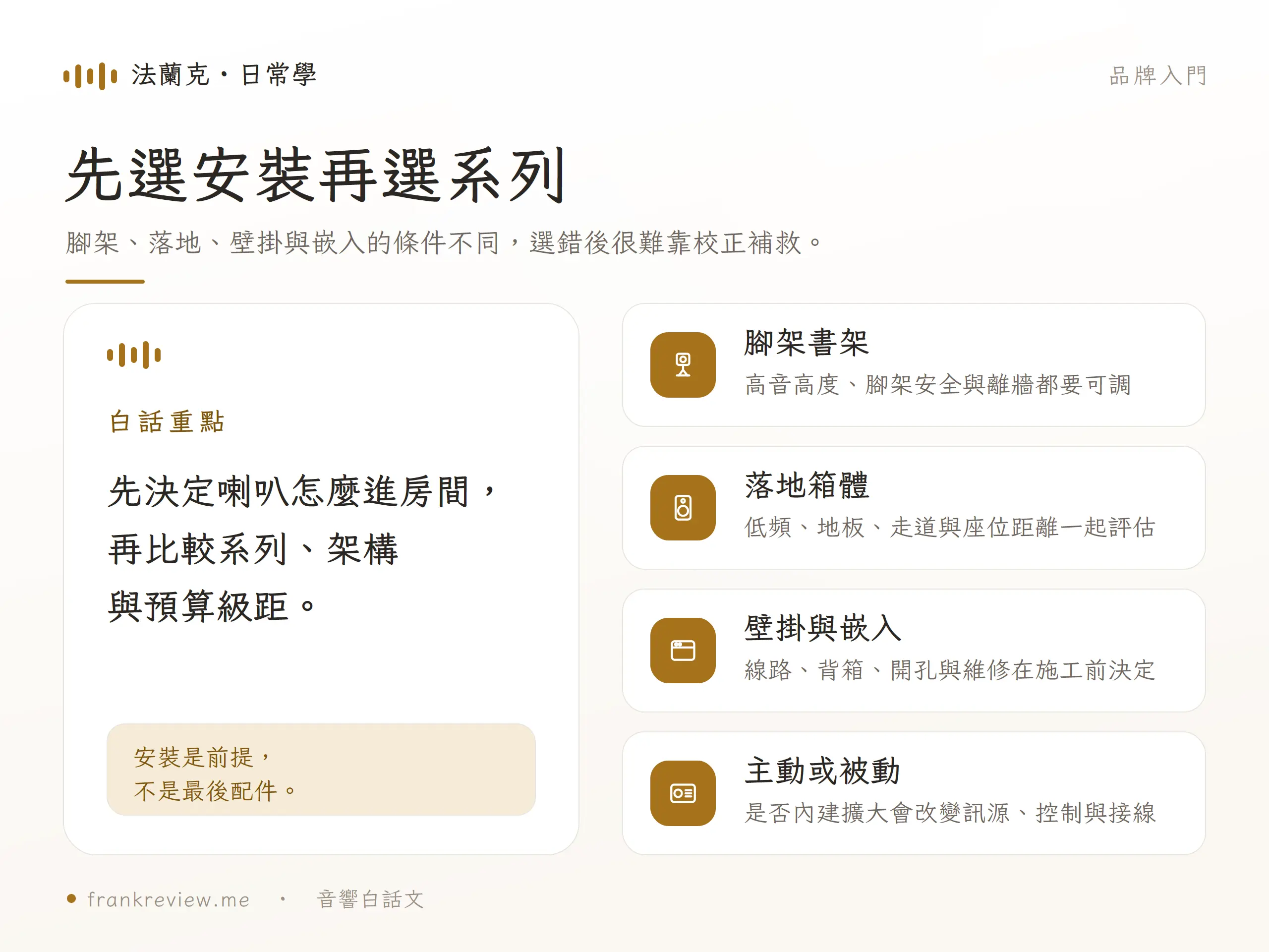 Totem Acoustic 喇叭先決定腳架、落地、壁掛嵌入及主動被動架構