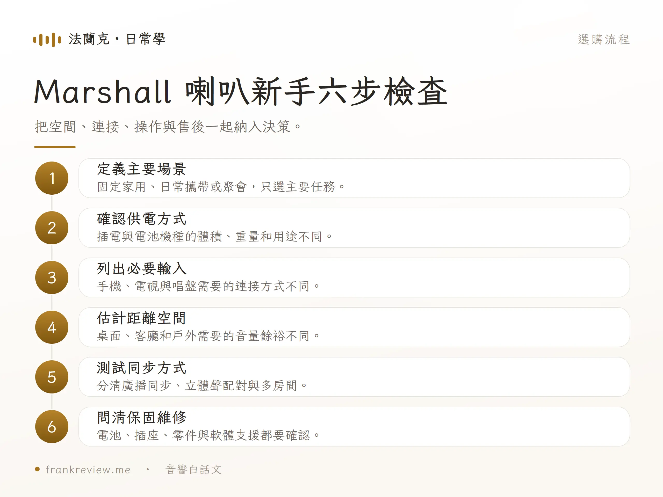 Marshall 喇叭選購六步驟，包含場景、供電、輸入、距離、同步與售後