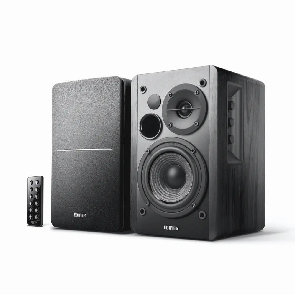 Edifier R1280DB 黑色主動式書架喇叭與遙控器官方產品圖
