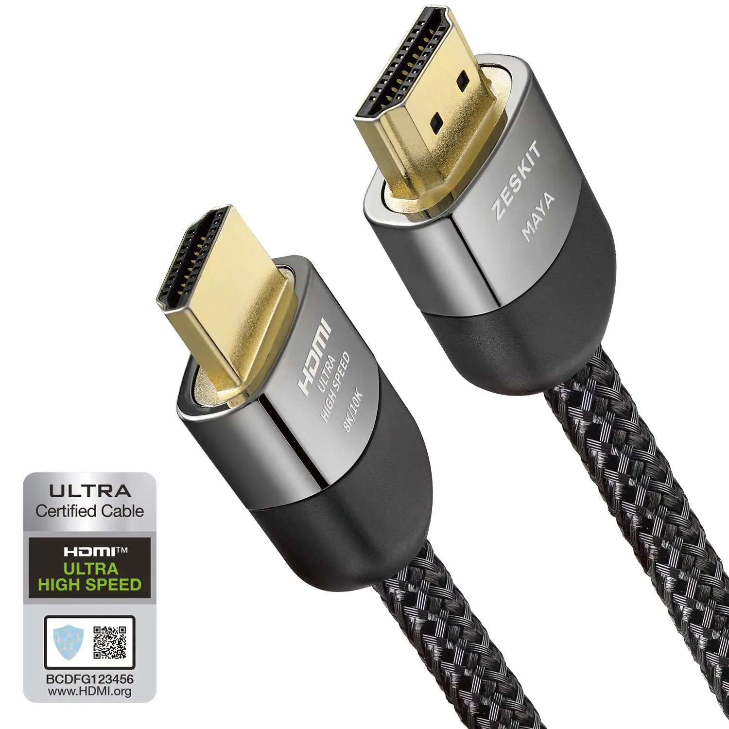 黑色 Zeskit Maya Ultra High Speed HDMI 線、接頭與認證標籤