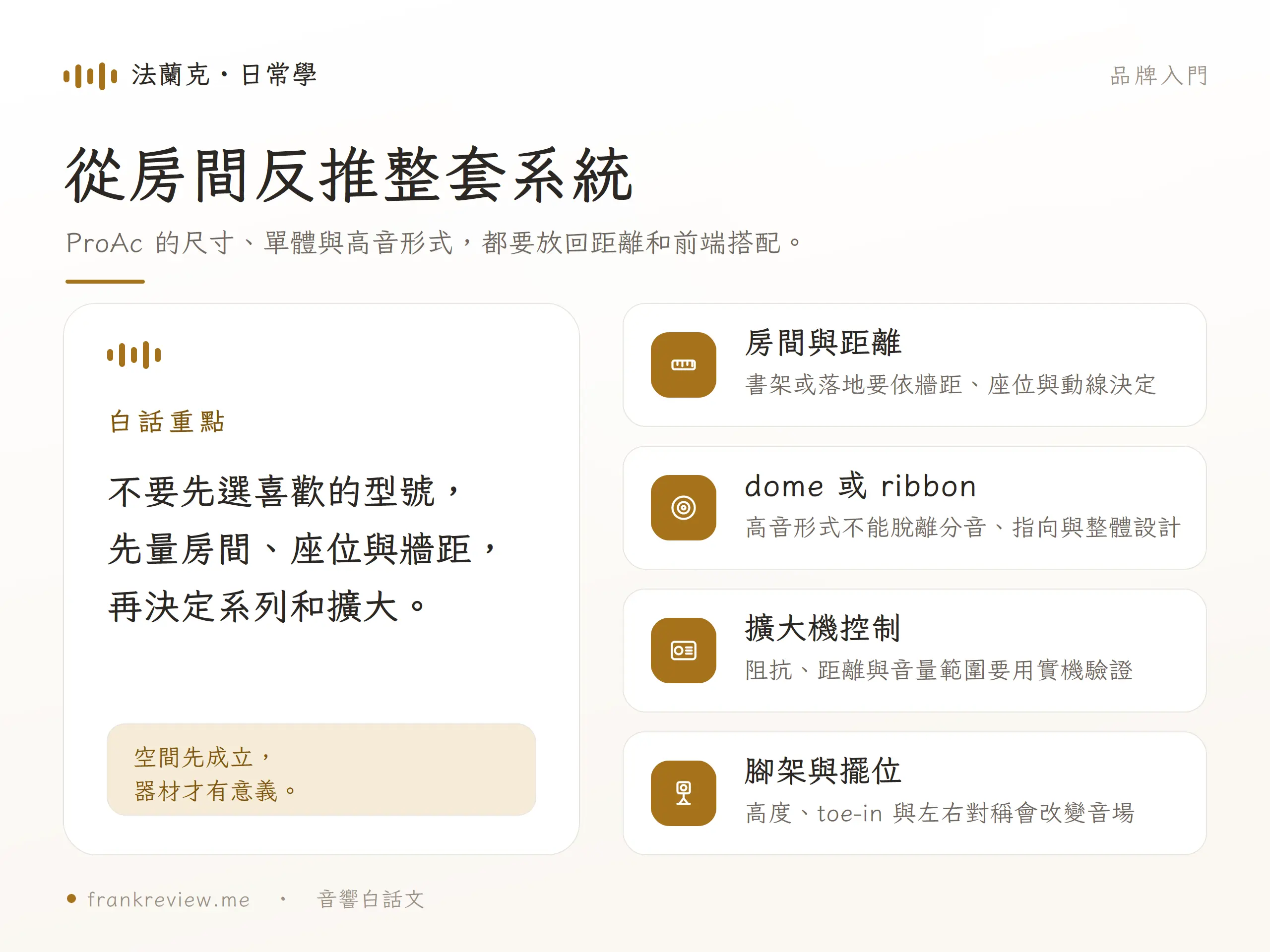 ProAc 喇叭選購先確認房間距離、高音形式、擴大控制與腳架擺位