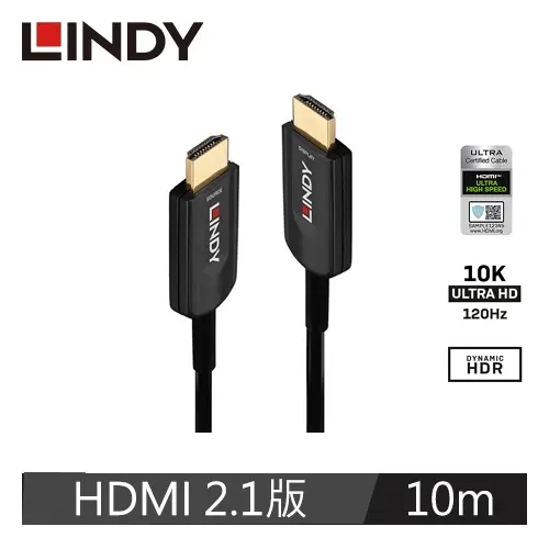 黑色 LINDY 38380 10 公尺主動式光纖 HDMI 線、方向性接頭與認證標籤