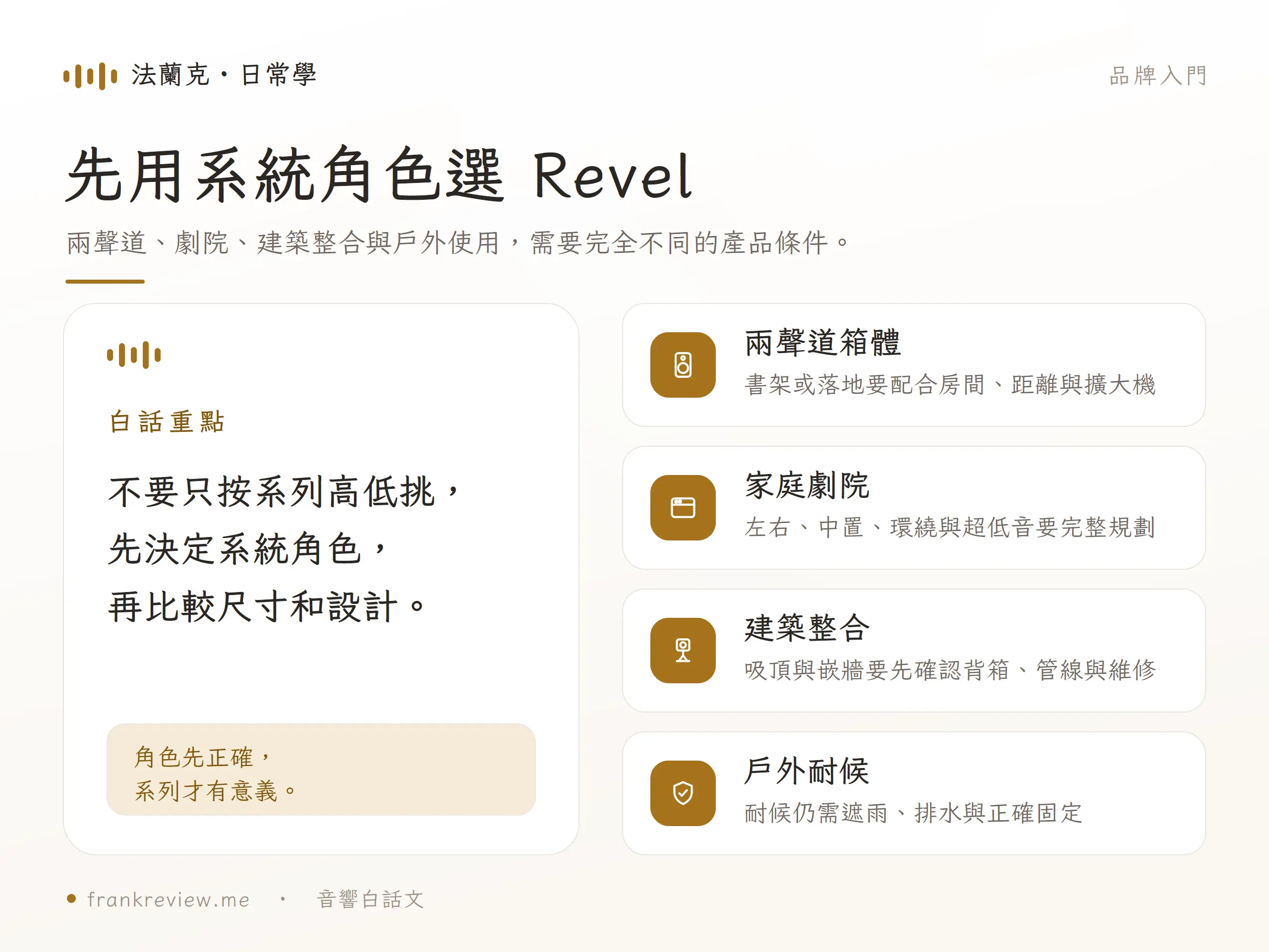 Revel 喇叭選購先分兩聲道、家庭劇院、建築整合或戶外耐候用途