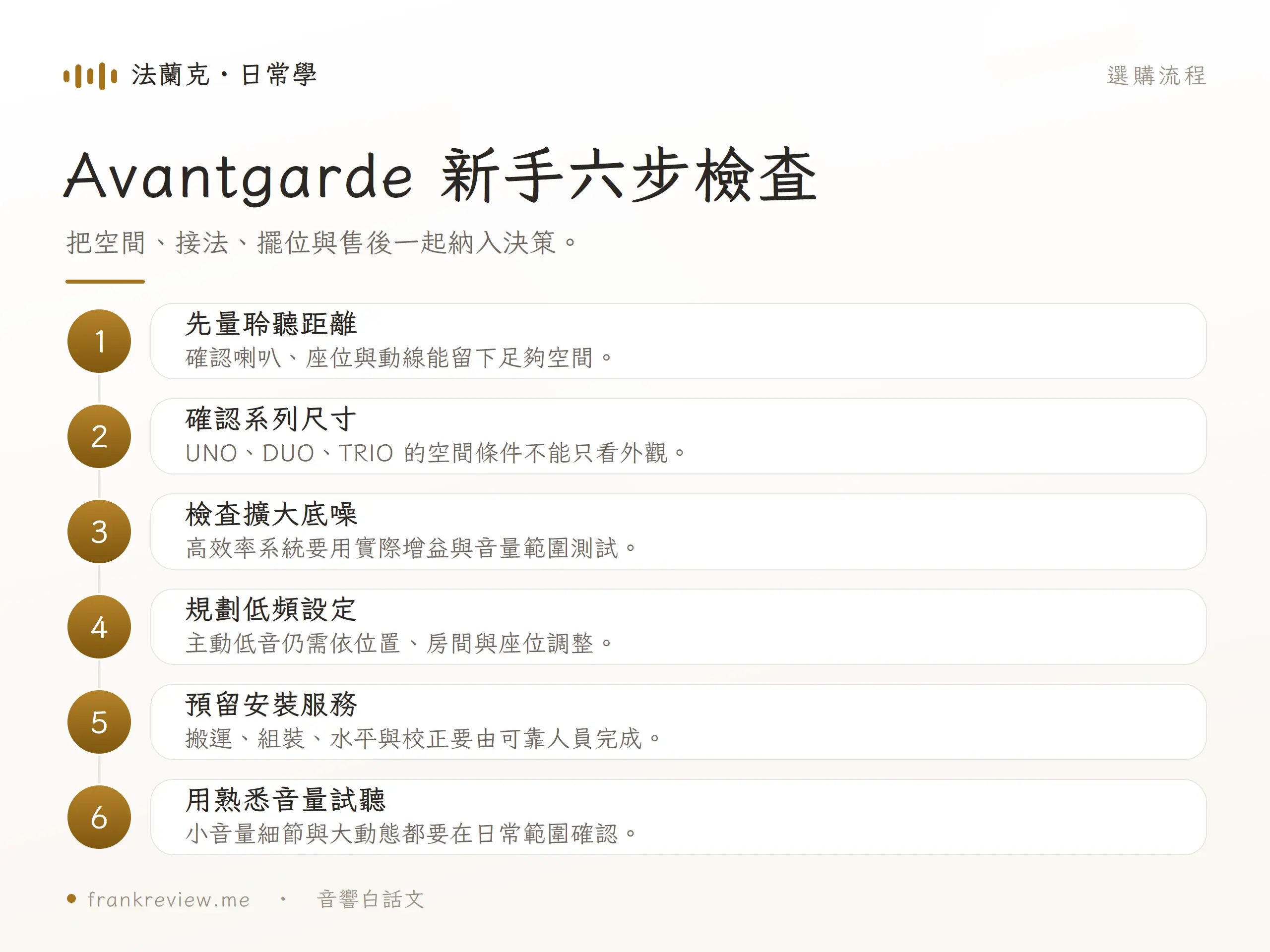 Avantgarde Acoustic 喇叭選購六步驟，包含距離、尺寸、底噪、低頻、安裝與試聽