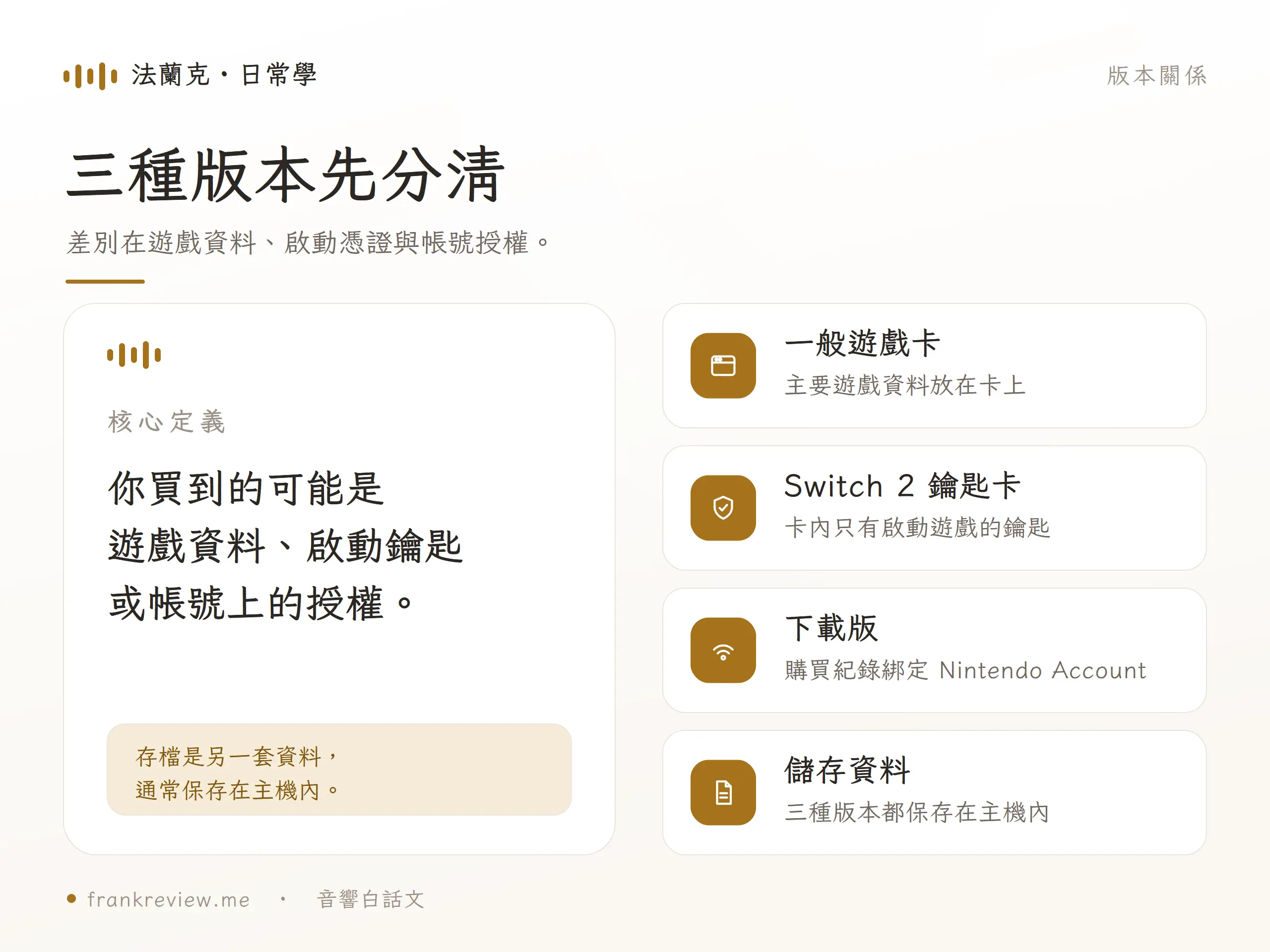 Switch 一般遊戲卡、Switch 2 鑰匙卡、下載版與儲存資料的關係