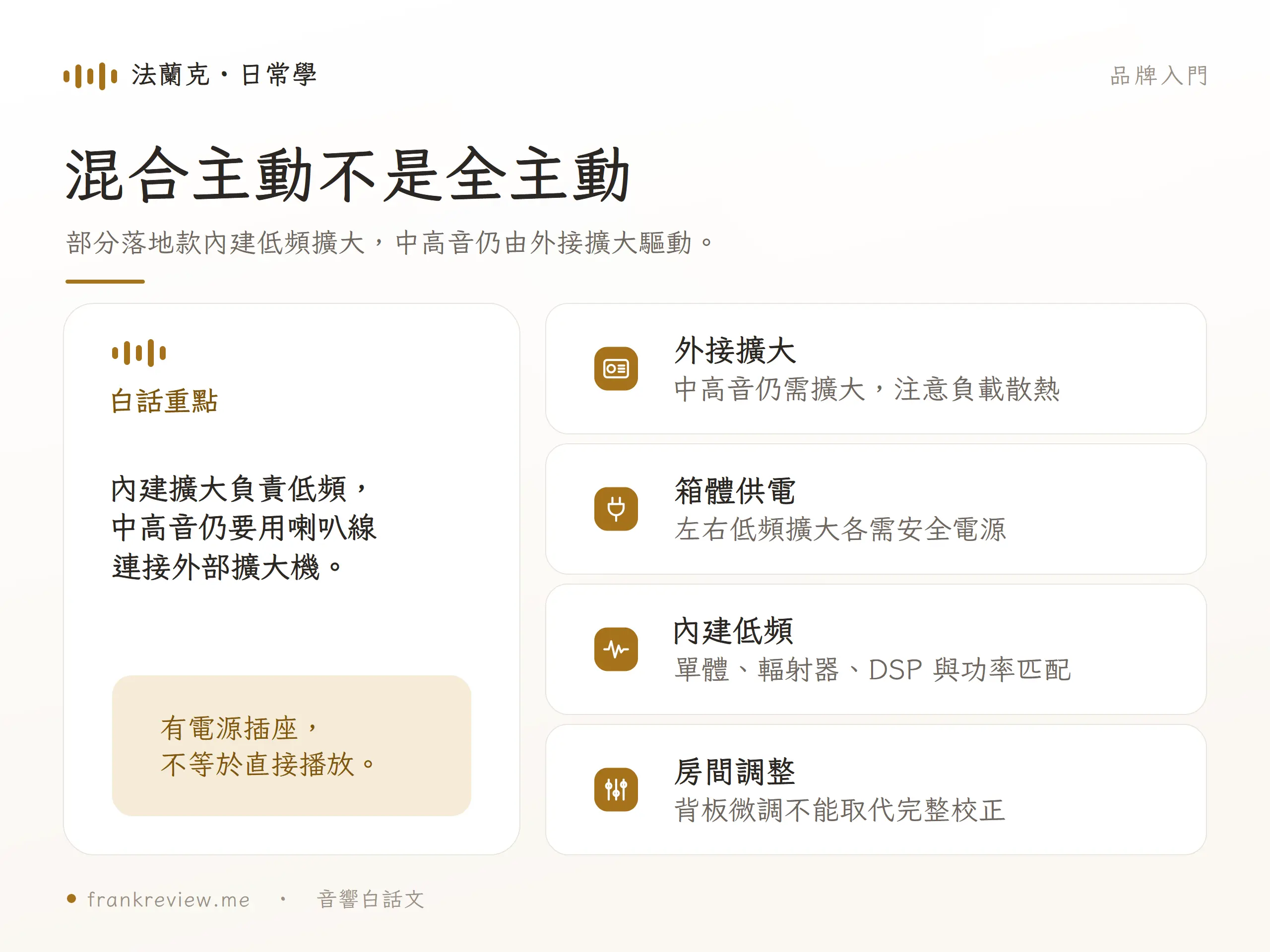 混合主動不是全主動，部分落地款內建低頻擴大，中高音仍由外接擴大驅動。
