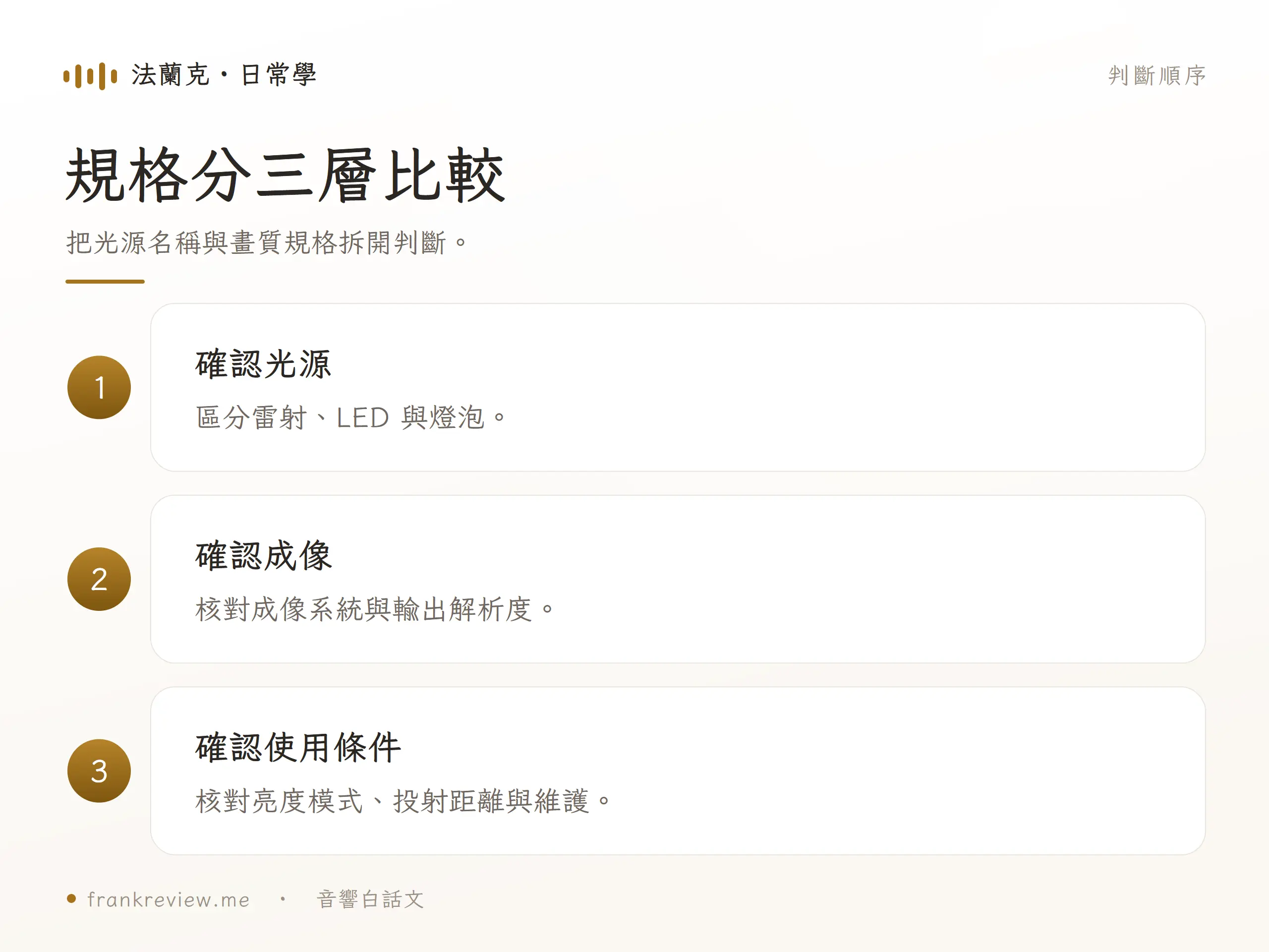規格分三層比較：把光源名稱與畫質規格拆開判斷。