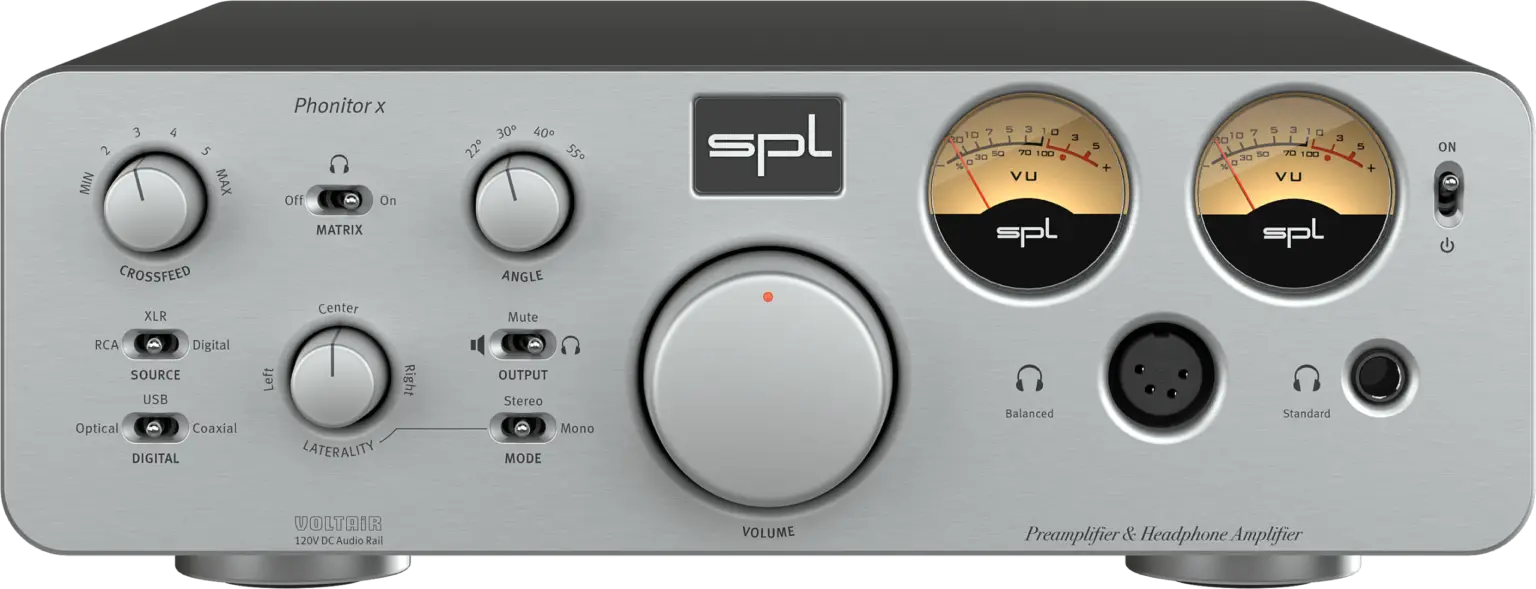 SPL Phonitor x 銀色前面板，包含音量旋鈕、VU 表與 Matrix 操作區。