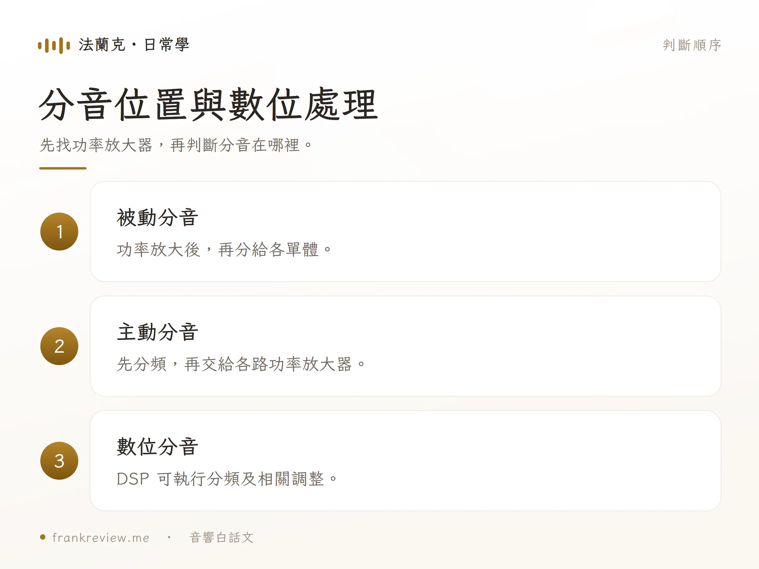 分音位置與數位處理：先找功率放大器，再判斷分音在哪裡。