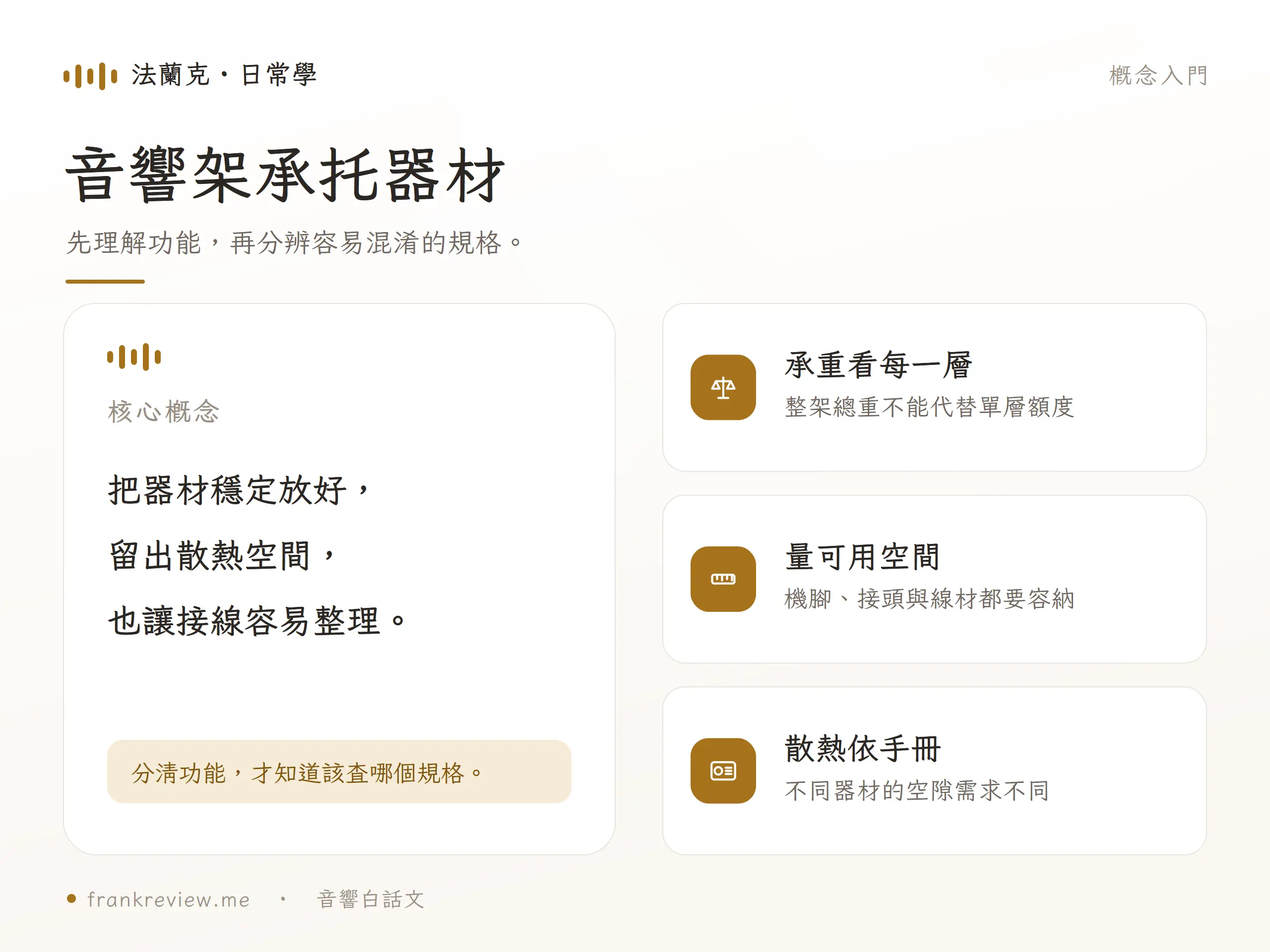 音響架承托器材：把器材穩定放好，；留出散熱空間，；也讓接線容易整理。
