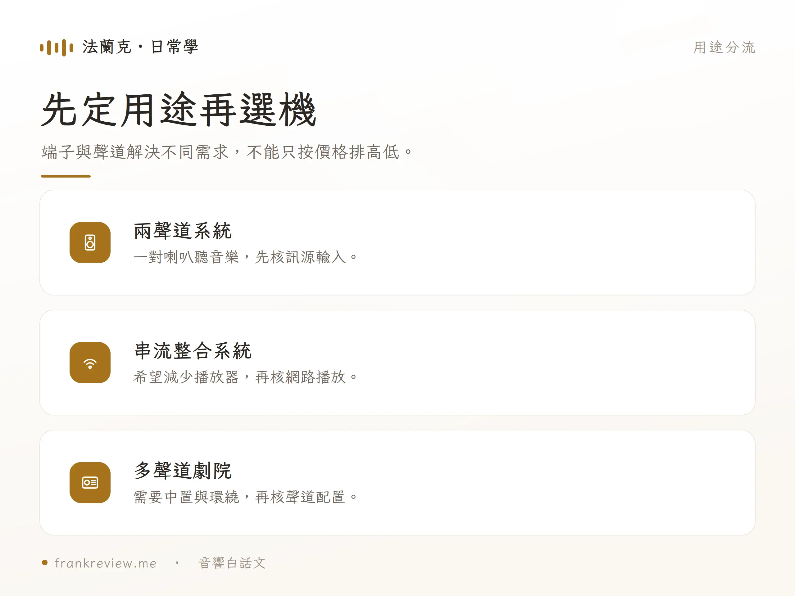 兩聲道、串流整合及多聲道劇院的不同需求